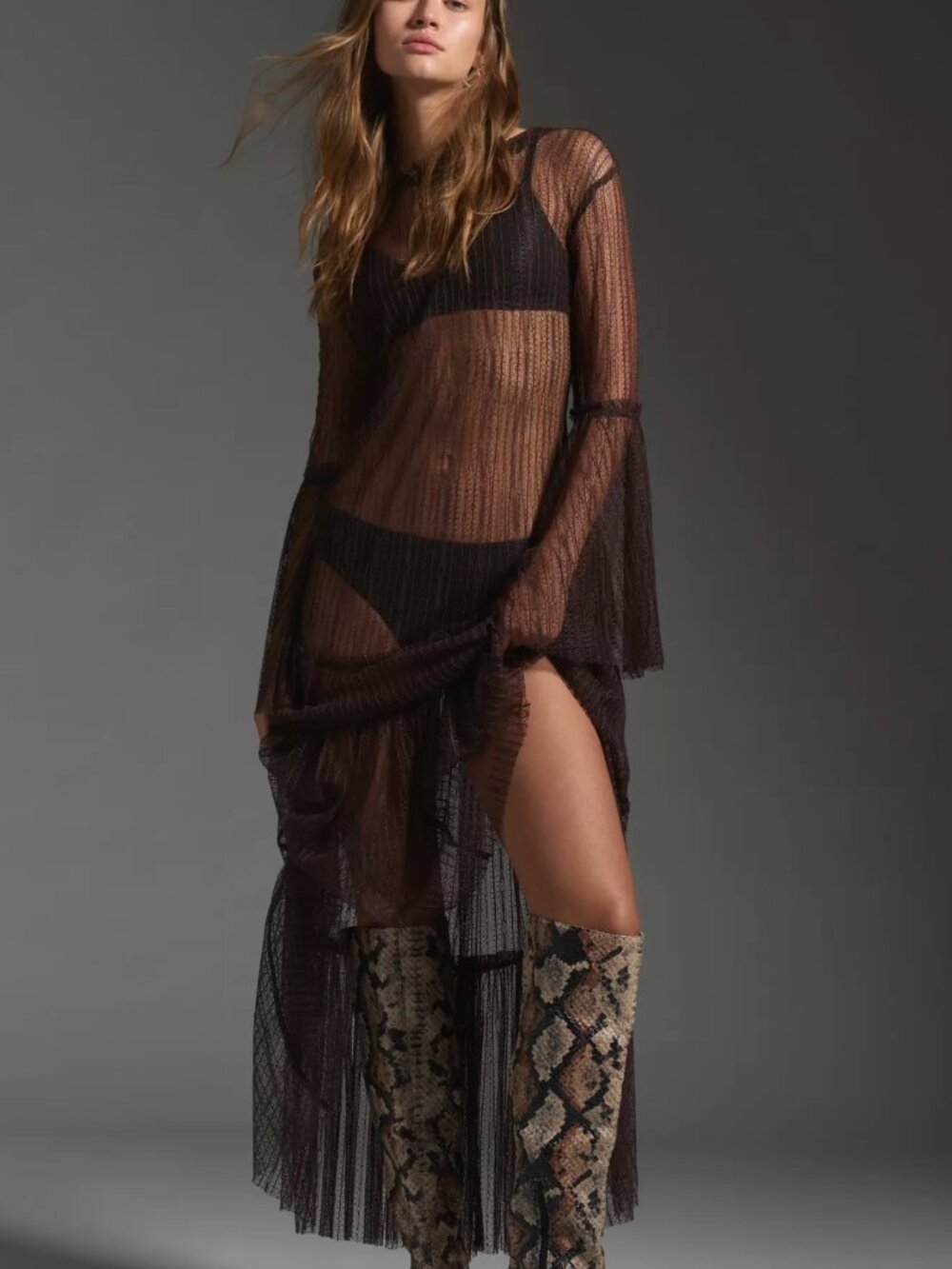 Anthropologie Sheer Lace Flowy Tunic Fringed Bell Sleeve Maxi Kaftan Boho Dress